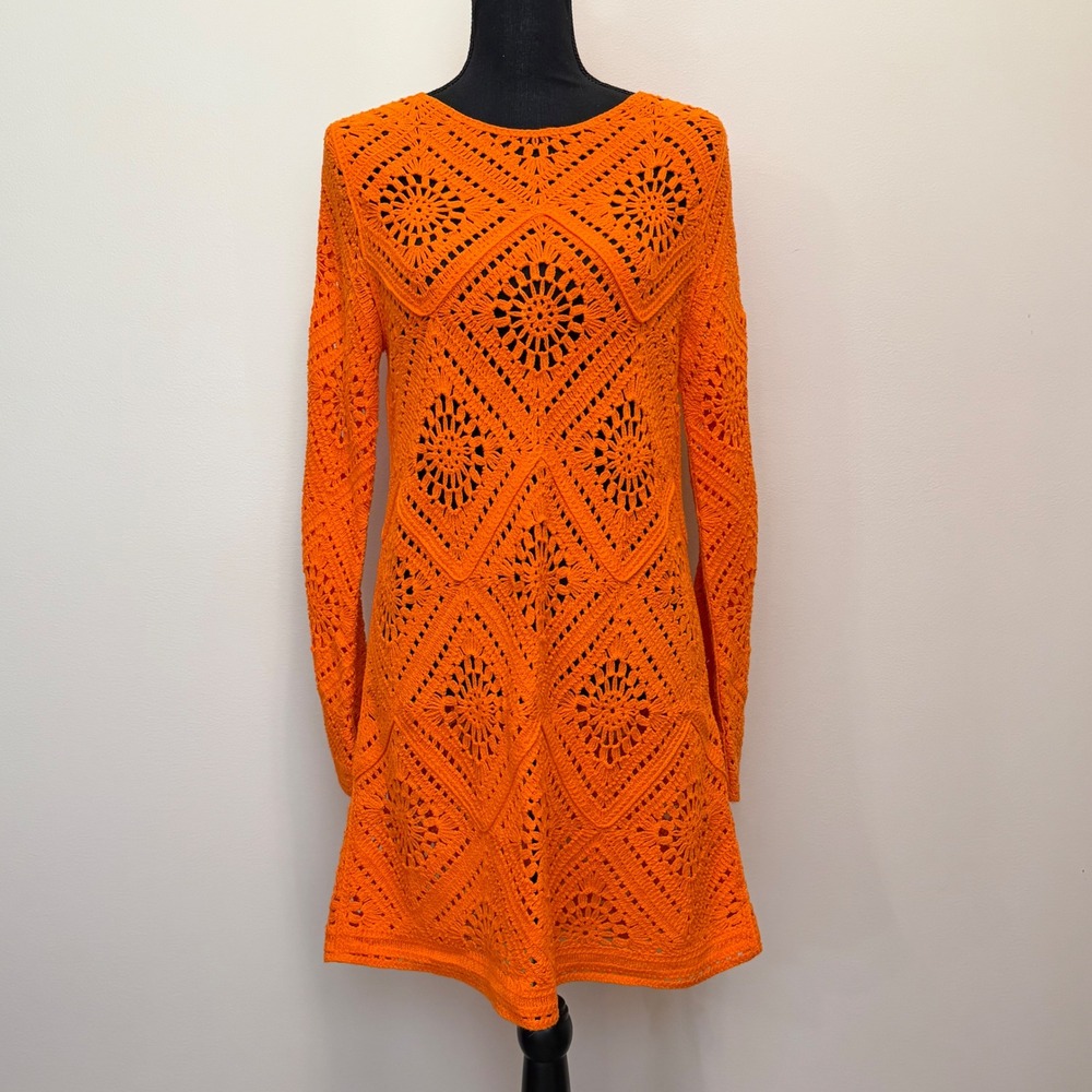 Joie Orange Crochet Long Sleeve Mini Dress Diamond Knit Boho Women XS Swim Cover